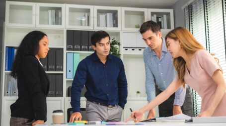 professional business entrepreneur team meeting and brainstorming to startup a corporate project strategy in office, co-worker discussion group of businessman colleague person manager teamwork